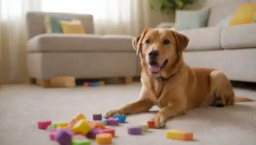 Feliz perro jugando con juguetes en un salón limpio y organizado, rodeado de flores frescas y un tazón de golosinas, en una tarde soleada con iluminación suave, con unos pocos libros y artículos decorativos dispersos alrededor del suelo