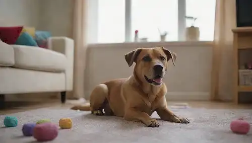 Un perro feliz sentado en un piso alfombrado con un puddle desordenado a su lado, rodeado de juguetes y muebles dispersos en un moderno salón con una ventana al exterior, con una expresión tranquila y apologética en su cara