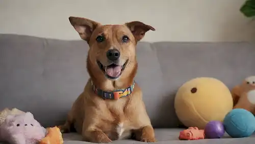 Un perro feliz sentado en un sofá, usando un collar y correa, rodeado de juguetes y golosinas, con un color de fondo tranquilo, diviértete con el propietario, elementos inspirados en el exterior en el primer plano