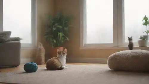 Un cálido y acogedor salón con juguetes de gato dispersos alrededor, algunos amigos furtivos saltando sobre cojines suaves, un poste de rasguño en la esquina, unas pocas plantas cercanas, luz natural derramando a través de la ventana, una suave niebla de partículas de polvo visible en el aire