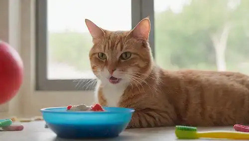 Un gato feliz que se agacha los dientes, con cepillo de dientes y pasta de dientes cerca; un tazón de agua fresca y kibble saludable en el lado; un fondo colorido y juguetón con juguetes gatos y post de rasguño en la esquina; una suave luz solar que derrama a través de una ventana