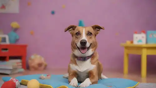 Un perro feliz sentado en un cojín, con una mano humana sosteniendo un regalo o juguete delante de él, en medio de un fondo colorido con juguetes y libros dispersos, transmitiendo confianza, obediencia y entorno de aprendizaje