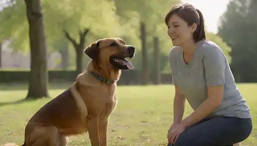 perro feliz sentado tranquilamente, dueño de pie cerca con un regalo, suave toque en la cabeza, sin correas o arnés, ambiente relajado, ambiente natural, como parque o patio trasero