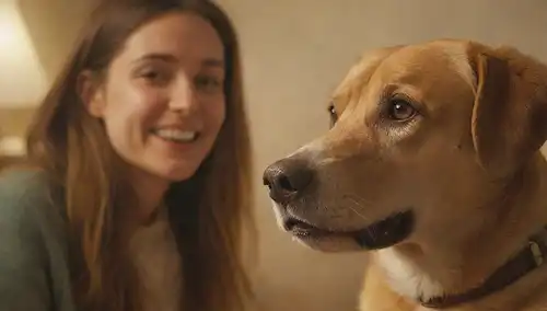 Un perro feliz sentado tranquilamente frente a una persona, ojos encerrados en su cara, persona sonriendo con gestos suaves, iluminación cálida y acogedora, entorno natural, interacción de perros humanos, confianza, comprensión
