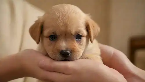 Un fondo de color cálido calmante, un cachorro suave se desliza hacia arriba, una mano humana tiernamente masajeando su piel, iluminación de enfoque suave, ambiente calmante, ambiente pacífico, expresión sereno en la cara de los cachorros, sombra sutil para enfatizar la textura, movimiento delicado de acariciar, ambiente acogedor