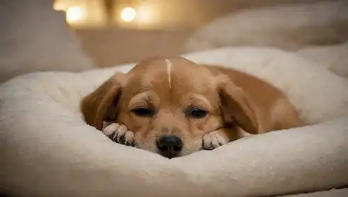 Una escena tranquila y tranquila de un cachorro dormido se enroscó en una acogedora cama de perros, rodeada de almohadas y mantas suaves, con un resplandor sutil de la luz de la luna o una suave luz de la noche en el fondo, y unos juguetes de felpa dispersos para crear un sentido de seguridad y comodidad