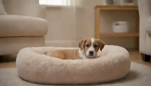 Calma sala de estar, iluminación suave, cama de perro peluche, canasta de juguete, curvas suaves, colores relajantes, ambiente tranquilo, fondo sereno, adorable cachorro acostado