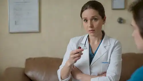 Una persona sentada en un sofá con una expresión preocupada, sosteniendo un termómetro; un médico de pie en el fondo con un estetoscopio alrededor de su cuello, mirando a un gráfico cercano; un vaso de agua y una botella de píldora en la mesa de café; una imagen débil de un gráfico médico o un gráfico en la pared; una paleta de colores cálidos para transmitir un sentido de comodidad y tranquilidad