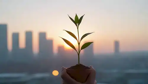 Unas manos que sostienen una pequeña planta con un tallo verde brillante