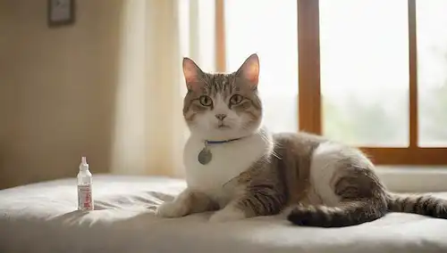 Un gato sentado en una cama humana, con un termómetro bajo su pata, rodeado de símbolos médicos borrosos, con una etiqueta en forma de termómetro alrededor de su cuello, junto a una ventana abierta con luz solar que se derrama en