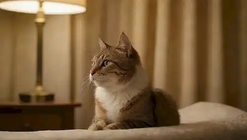 Un hogar cálido y acogedor con una presencia felina, una brisa suave soplando a través de cortinas, un gato se encogió en una manta suave, un toque sutil de un termómetro o símbolo médico, un brillo débil emanando de una lámpara en el fondo