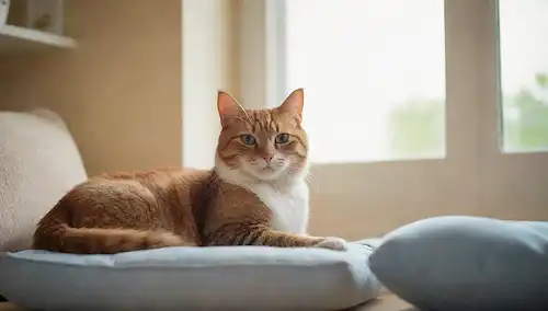 Un ambiente cálido y acogedor hogar con un gato acostado en un cojín suave, rodeado de colores calmantes como beige y azul, con un tazón de comida fresca cerca, unos juguetes dispersos alrededor, y una pista de la luz del sol entrando por la ventana