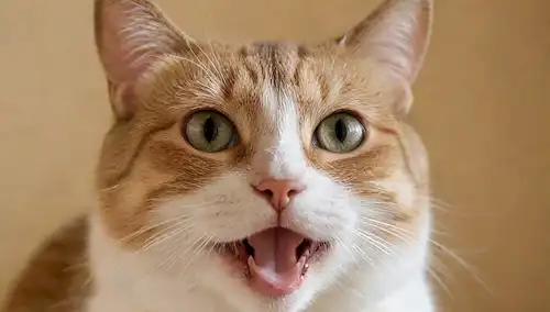 Un disparo de cerca de una cara de gatos, con ojos cristalinos, boca ligeramente abierta, y silbidos babeando; una bruma débil o la neblina que rodea su cabeza; colores cálidos y mudos, evocando un sentido de ingestión; enfoque suave en el fondo para enfatizar las características de los gatos