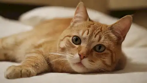 Un gato cara con un termómetro en su boca, acostado en una cama o una superficie suave, con un débil resplandor alrededor de ella para indicar la calidez, contra un fondo borroso de un hogar acogedor o un callejón tranquilo, con algunos juguetes o objetos dispersos por el contexto
