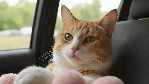Tranquilo gato en asiento de coche, con cinturón de seguridad, mirando por la ventana, sintiéndose relajado, pata a mano de los pasajeros, rodeado de juguetes suaves, suave luz, ambiente sereno, colores cálidos