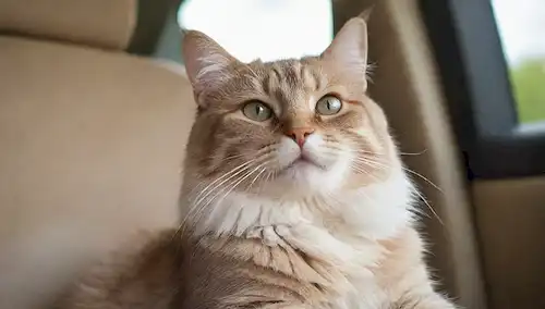 Un gato tranquilo sentado cómodamente en un asiento de coche, con patas relajadas, silbidos ligeramente levantados, y los ojos parcialmente cerrados, mientras que una mano suave cuna su cabeza, colores suaves de fondo como azul claro o beige, atmósfera calmante, un toque de la luz del sol que viene del lado, algunas nubes de fondo