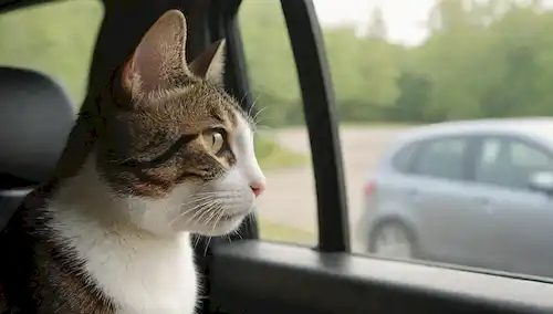 Un gato tranquilo sentado cómodamente en el asiento del pasajero