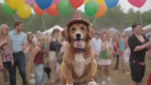 audiencia de 4 patas, escena de festivales de música, perros con trajes, músicos interpretando en escenario, globos y decoraciones, ambiente divertido, caninos alegres