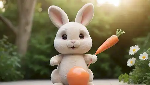 ilustración 3D de un conejo de juguete con ojos marrones brillantes, piel suave y suave en tonos de beige blanco y cremoso, de pie en las piernas traseras, sosteniendo un palo de zanahoria o una bola de ejercicio, rodeado de vegetación o flores, con un brillo sutil o gradiente para hacerlo visualmente atractivo