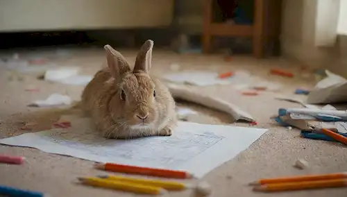 Un conejo de dibujos animados preocupado tumbado en un piso desordenado, rodeado de papeles y lápices rotos, con una expresión preocupada en su cara, frente a una cama no hecha o un escritorio desordenado, con algunos juguetes o libros dispersos, transmitiendo un sentido de angustia