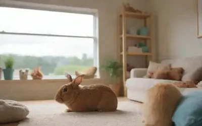 Una sala de estar tranquila con un conejo sentado en un cojín suave