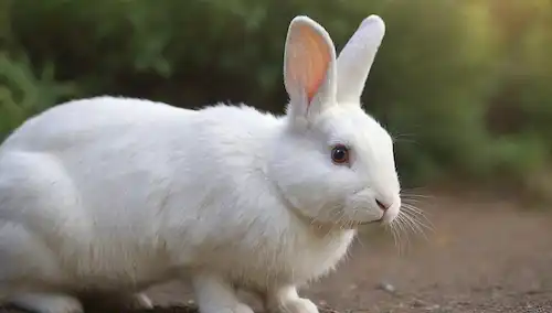 conejo blanco con bigotes, ojos suaves, textura suave de piel, sutil variación de color en las orejas y la nariz, delicada colocación de patas, postura relajada, y un toque de entorno natural