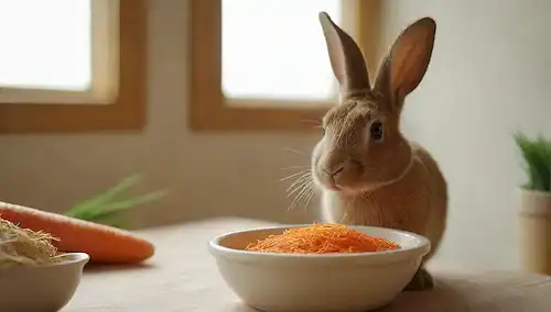 Un conejo, un tazón, una taza de medición, zanahorias, heno, agua dulce, un peine, cepillo suave, suaves golpes, ambiente limpio, ambiente tranquilo, postura relajada