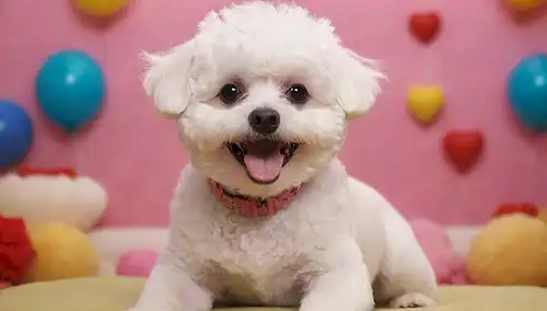 Un perro Bichon Maltés con pelo blanco rizado, cara sonriente, orejas juguetonas, sentado en un fondo colorido, rodeado de accesorios lindos, con iluminación suave y colores vibrantes