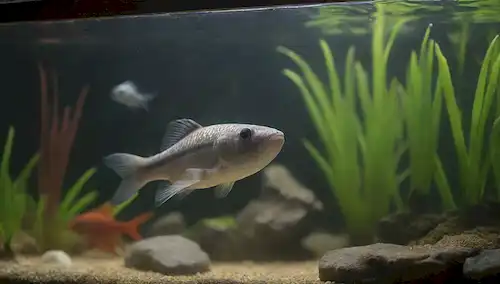 Una escena de tanques con plantas acuáticas coloridas, agua tranquila, escuela de peces pequeños, Corydoras nadando juntos, luz suave, decoración de madera o piedra, sombras sutiles, reflejos realistas, tonos cálidos