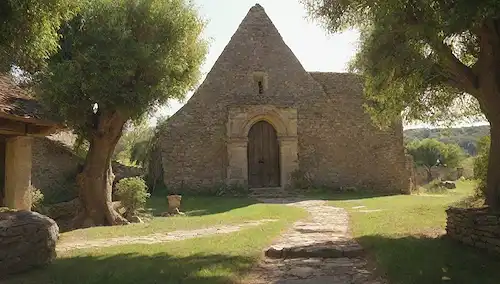Paisaje del siglo XVII con una suave colina, un pequeño pueblo en el fondo, una gran estatua de piedra de San Antonio rodeada de exuberante vegetación, animales pastando cerca, la cálida luz solar filtrando a través de árboles, paredes de piedra rústicas y puertas de madera, y un toque de tranquilidad rural