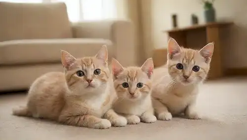 3-4 gatitos enroscados juntos, un gato madre de enfermería en el fondo, un ambiente cálido y acogedor salón, enfoque suave para resaltar texturas y emociones, calmando colores como beige y crema
