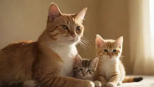 Una suave madre gato que anhela sus gatitos, luz cálida, fondo acogedor, enfoque suave en los silbidos, sombras sutiles en la piel, expresión serena, toque tierno