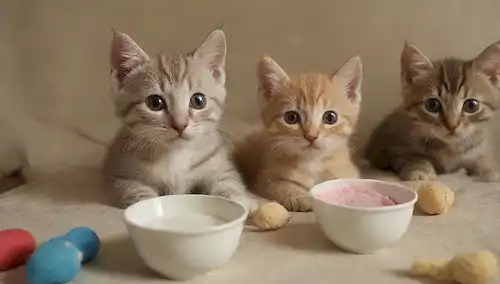 5 gatitos en varias etapas de destete, con una mano humana que ofrece una botella, un tazón de leche, o un juguete suave; iluminación suave, colores cálidos y un fondo limpio; unos pocos juguetes y mantas cercanas para transportar coziness y comodidad