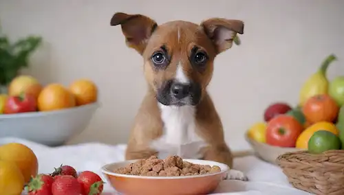 Un cachorro alegre y juguetón con un tazón y cuchara, rodeado de frutas y verduras coloridas, en un mantel blanco con una cesta de golosinas de perro en el fondo, representando diferentes etapas de crecimiento