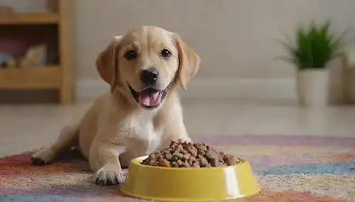 Un cachorro feliz sentado en una alfombra colorida, rodeado de juguetes y golosinas, con un tazón de kibble delante de él, siendo suavemente alimentado por su dueño, que está sonriendo y sosteniendo una cuchara, con un plato de comida humana saludable cerca