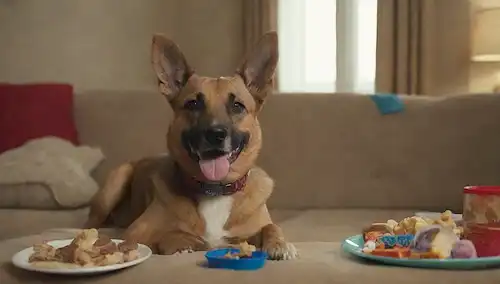 Un perro feliz sentado en un sofá con un cuenco de comida delante de él
