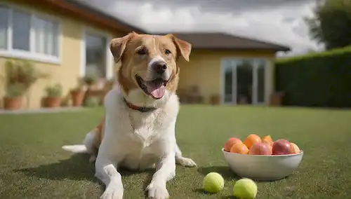 Un perro feliz, sentado en un césped verde, rodeado de verduras frescas y frutas, con un tazón de kibble en el fondo, teniendo una pelota de tenis cerca, contra un día soleado cálido, con algunas nubes, y una sutil fachada de casa borrosa en la distancia