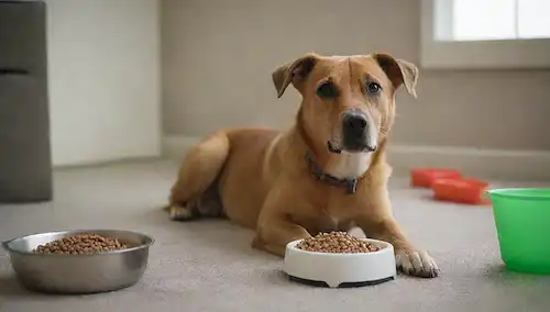 Un perro feliz sentado en un piso, rodeado de comida para perros y golosinas, con una taza de medida o escala cercana, acompañado por unos pocos juguetes y un tazón en el fondo