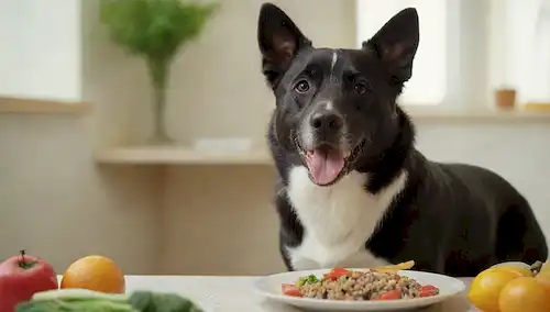 Un perro feliz comiendo de un plato con verduras frescas y frutas, un tazón de kibble en el fondo, una etiqueta de comida saludable cerca, un chef sonriente o el dueño de mascotas, paisaje natural como árboles o flores fuera del entorno, luz caliente y colores