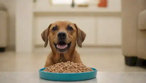 un perro sentado junto a un plato o un tazón lleno de comida para perros, su boca abierta como si esperara recibir un regalo, un fondo borroso de un salón o cocina, un sutil gradiente de colores cálidos para transmitir la coziness y comodidad