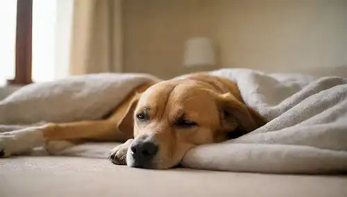 Un perro tranquilo durmiendo tranquilamente en un piso alfombrado de felpa, rodeado de almohadas y mantas, con suave luz solar de la mañana filtrando a través de las cortinas, unos juguetes cercanos, transportando un sentido de tranquilidad y relajación
