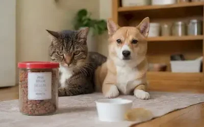 El dueño de una mascota coloca cuidadosamente un contenedor sellado en una despensa