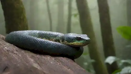 Una exuberante y vibrante selva amazónica, una anaconda verde masiva, enrollada alrededor de un tronco de árboles, atmósfera de misty iluminada por el sol, aves majestuosas volando sobre la cabeza, follaje oscuro, aspectos sutiles en escalas, patrones intrincados