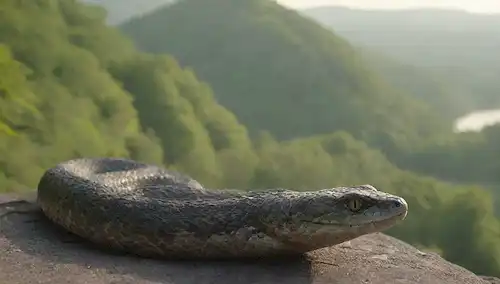 Un grupo de criaturas majestuosas, lentas, como serpientes con piel escamosa, apoyándose en la cálida luz del sol sobre un afloramiento rocoso, rodeado de vegetación verde exuberante, con un valle distante de misty visible detrás de ellos