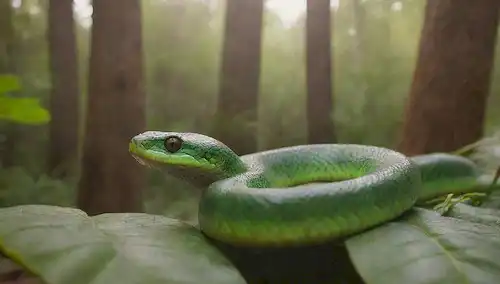 Una majestuosa serpiente de color verde esmeralda con escamas de diamante, que se basa en la cálida luz del sol, en medio de un exuberante paisaje forestal australiano, con árboles de eucalipto y helechos en el fondo, con una expresión real en su cara, mostrando su impresionante longitud y robusta construcción