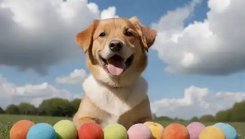 Un cachorro feliz con cola ondulante, rodeado de bolas y juguetes, sentado en césped suave, bajo un cielo soleado con nubes blancas suaves, con un propietario sonriente de pie ligeramente detrás de sujetar golosinas