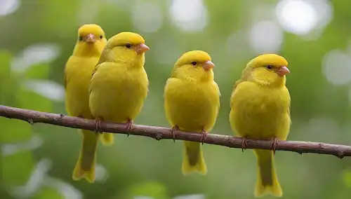 Canarios de colores brillantes encaramados en una rama