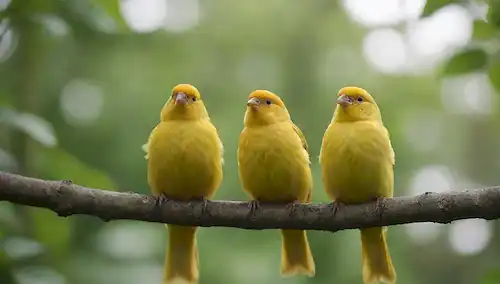 Color brillante Aves canarias encaramadas en ramas, rodeadas de exuberante vegetación, con ventanas iluminadas por el sol en el fondo, plumas agitadas y deslumbradas, ojos brillantes, suaves expresiones, suave enfoque en el plumaje de las aves, borroso entorno fuera de foco