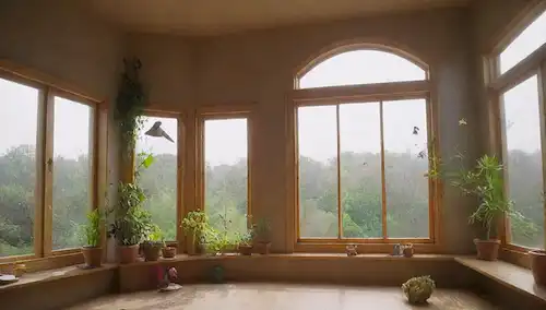 Un luminoso, amplio aviario con perchas de madera natural, una variada selección de plantas, y unos pocos juguetes dispersos alrededor; unos pocos canarios volando libremente o encaramados en ramas, con iluminación suave arrojando sombras suaves; un fondo sutil que imita una ventana soleada; un sentido general de serenidad y libertad