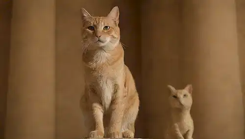 Antiguo entorno de inspiración egipcia, paredes de piedra arenisca, acentos dorados, gato real sentado en pedestal, bigotes ligeramente levantados, ojos brillando con mística